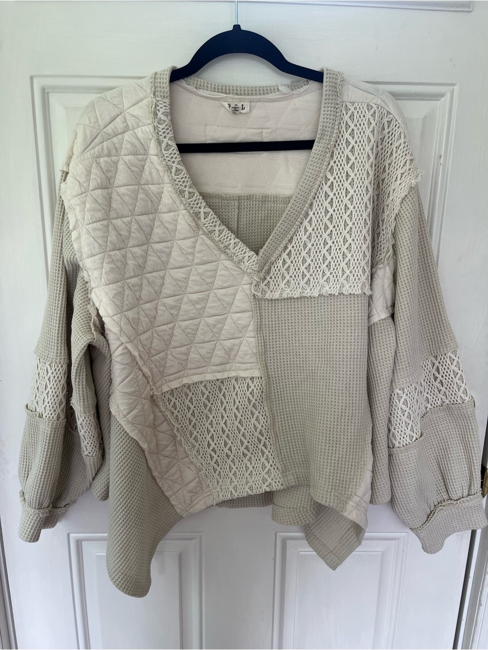POL Quilted Crochet Patchwork Waffle Knit Oversized Boho Pullover Sweater M